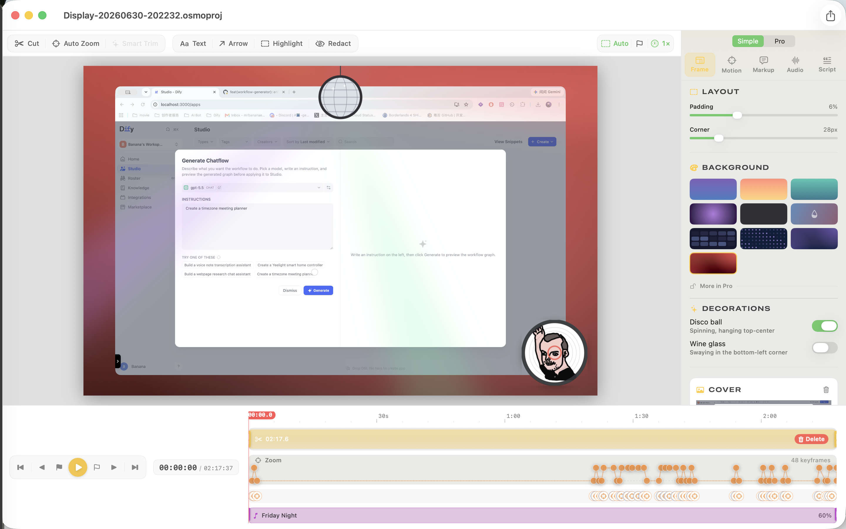 The Verismo editor: a recording framed on a crimson backdrop with a comic avatar webcam, the Frame inspector with padding and background controls, and a timeline showing 31 auto-zoom keyframes and a music track.
