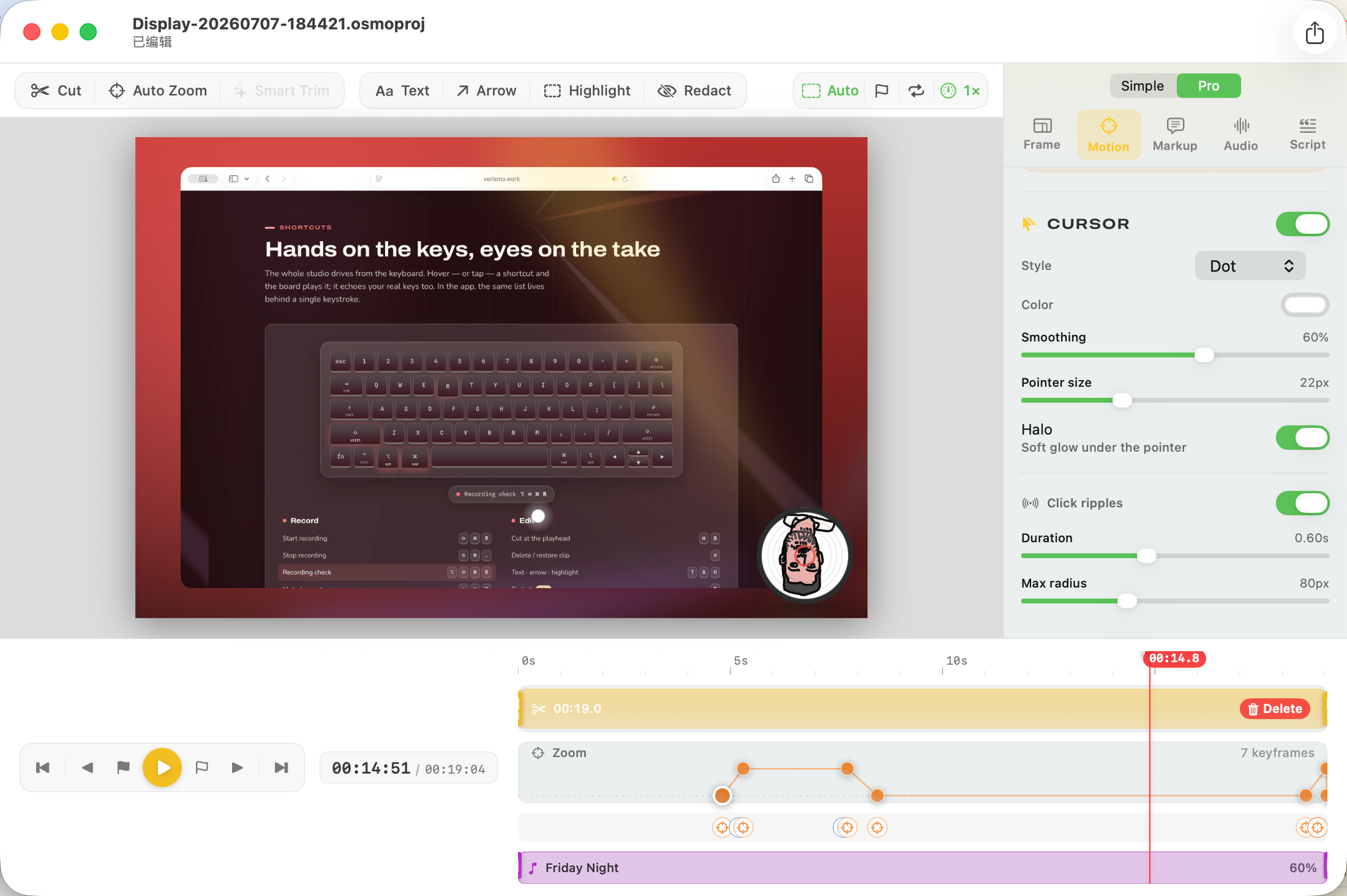 The Verismo editor: a recording of the Verismo website framed on a crimson Friday Night backdrop, with a comic-avatar record webcam, the Motion inspector's cursor controls open, and a timeline showing zoom keyframes and the Friday Night music track.