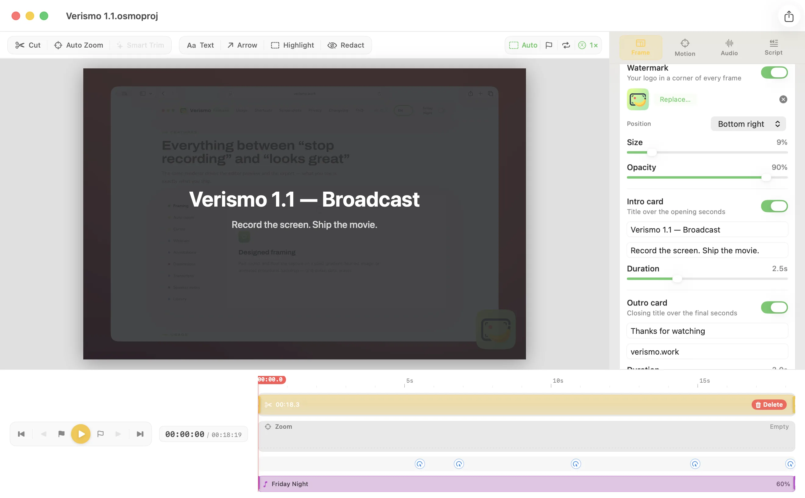 Verismo editor’s Branding inspector: a watermark toggle with logo thumbnail, position, size, and opacity controls, plus intro and outro title-card fields — an intro card reading “Verismo 1.1 — Broadcast” over the preview.