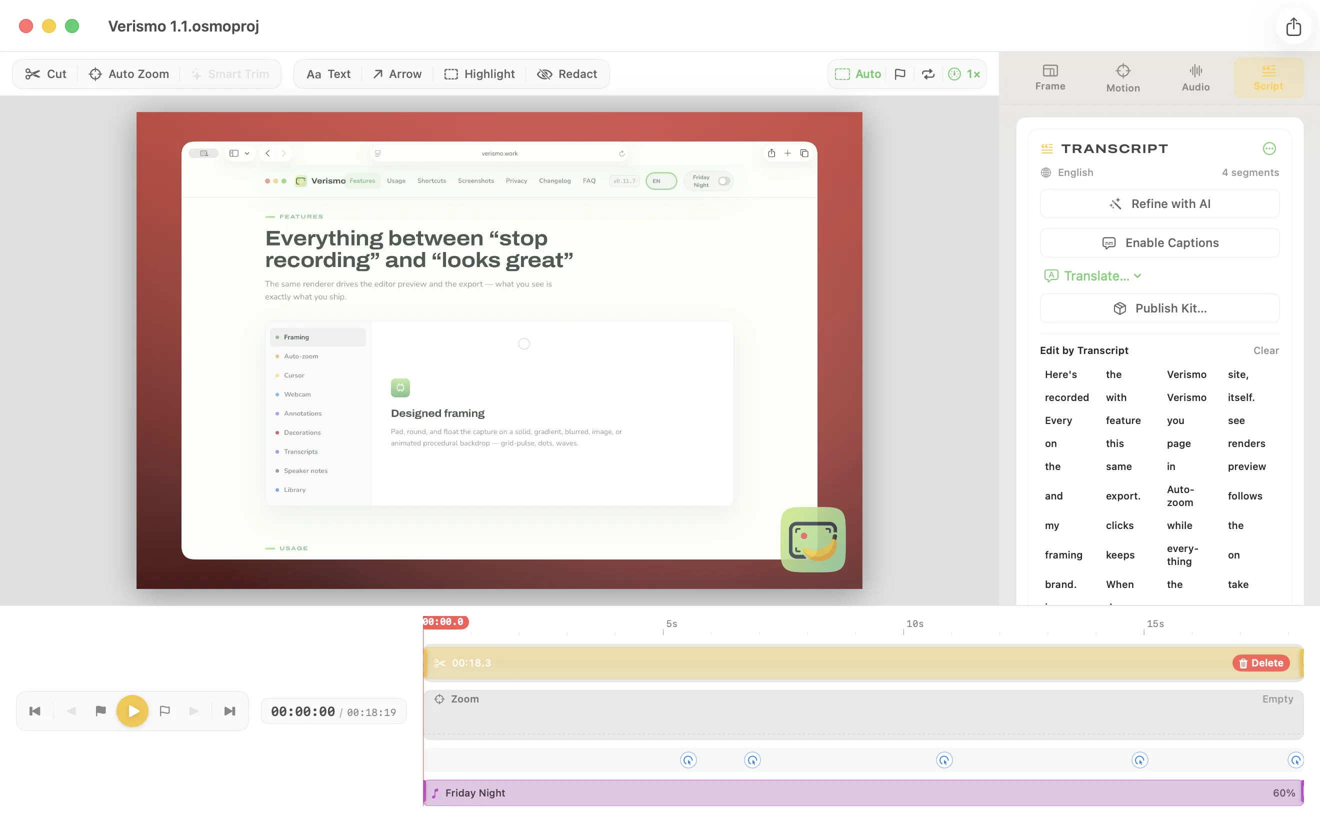 Verismo editor’s Script inspector: an English transcript in an editable word grid with Refine with AI, Enable Captions, Translate, and Publish Kit buttons.
