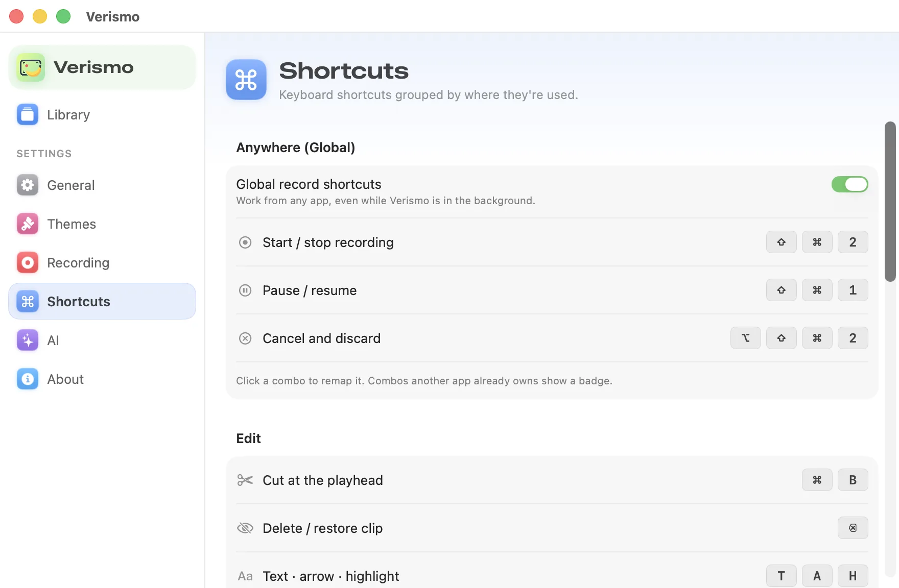 Verismo shortcut settings with remappable global, app, and editor actions and conflict status