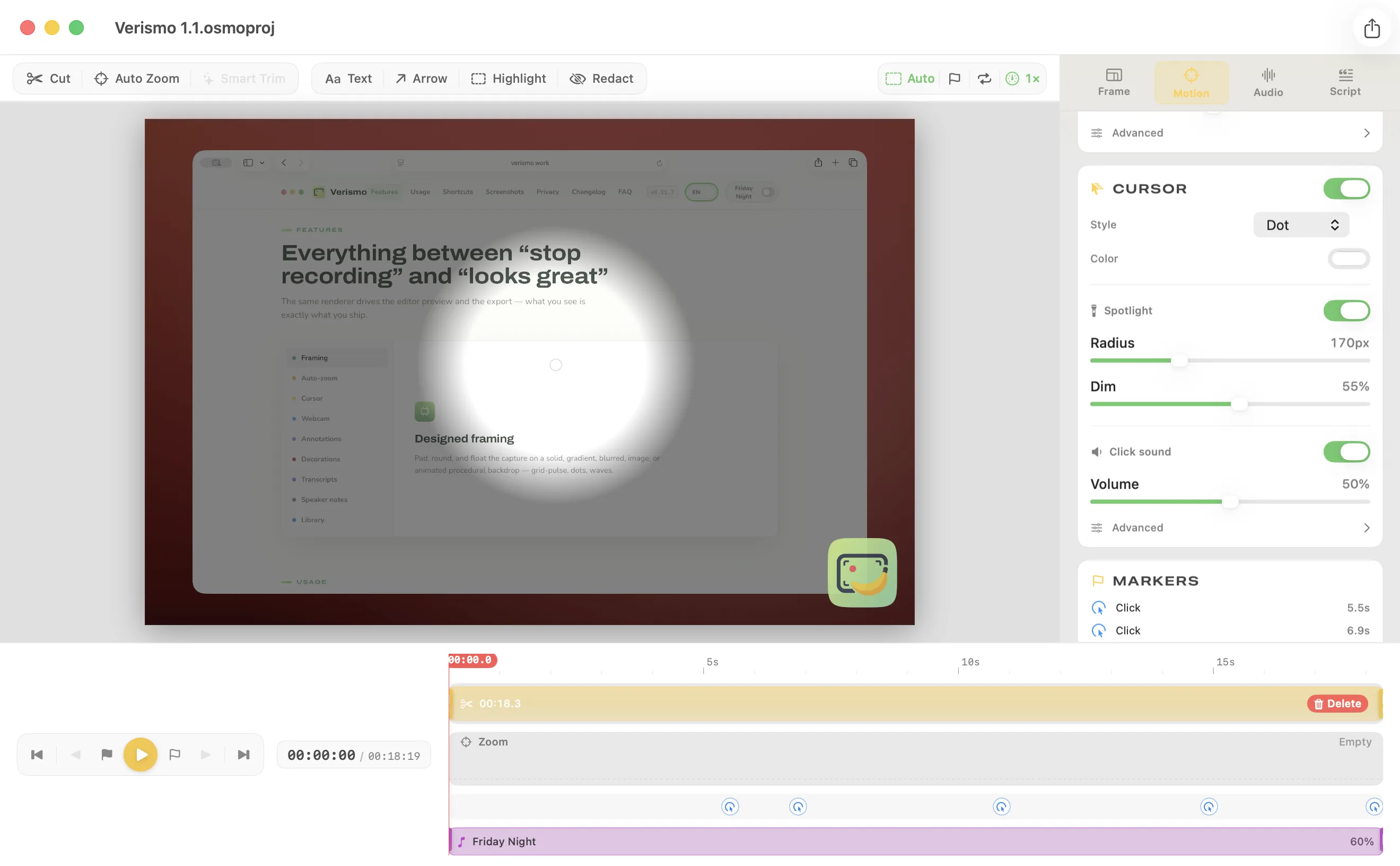 Verismo editor’s Motion inspector: Spotlight radius and dim sliders and a Click sound volume slider, while the preview dims everything except a soft circle around the pointer.