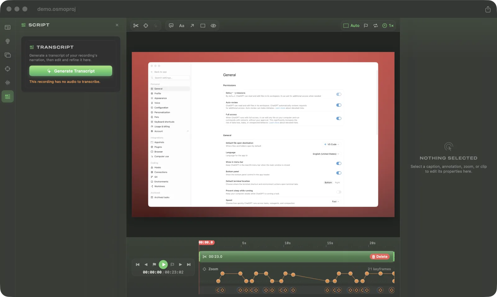 Verismo’s dark three-pane editor: a sections rail and Script panel on the left, the framed recording over a crimson background in the center with the per-track timeline below, and the selection inspector on the right.