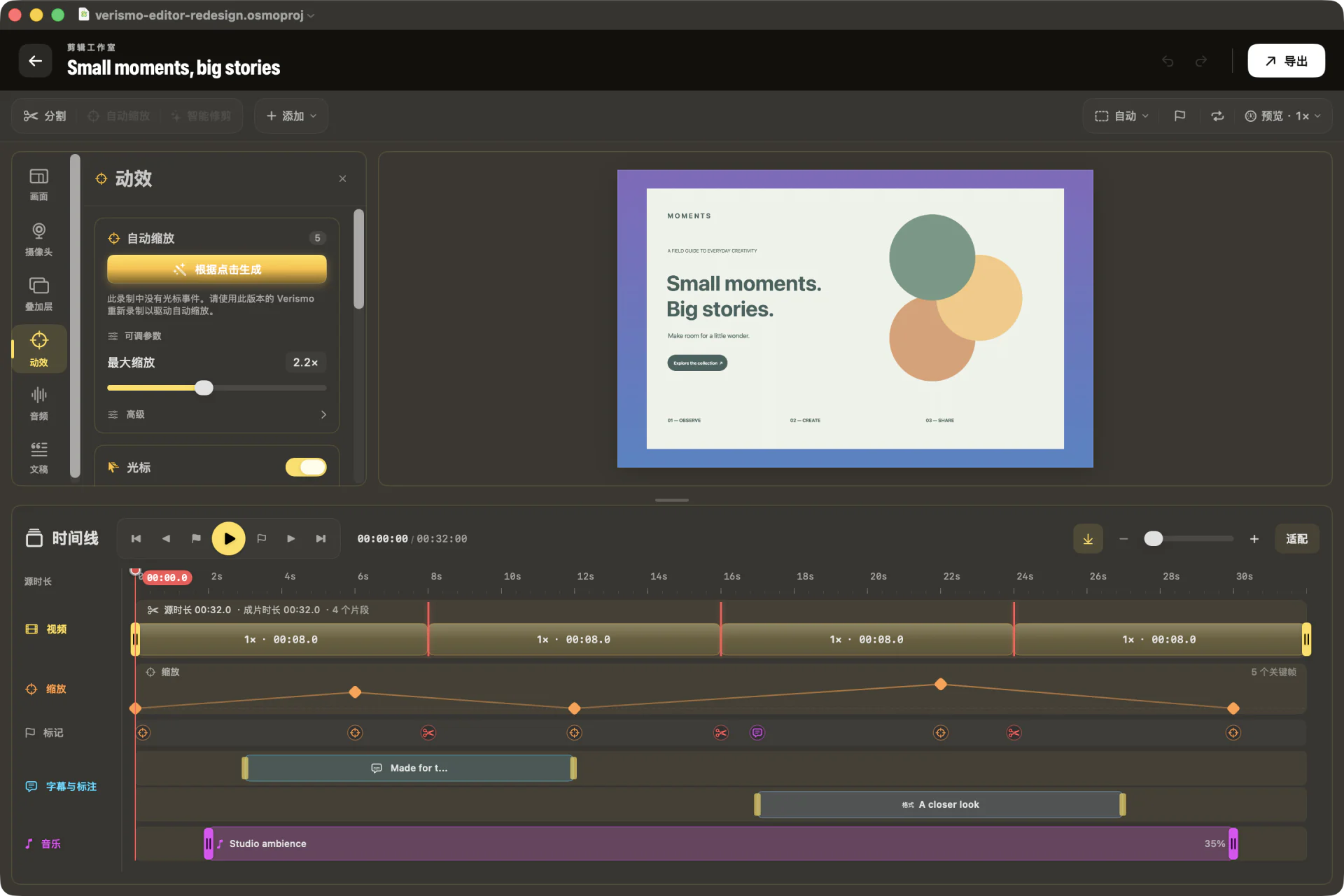 Chinese-language Verismo Motion panel with auto zoom and cursor controls above the multitrack timeline.