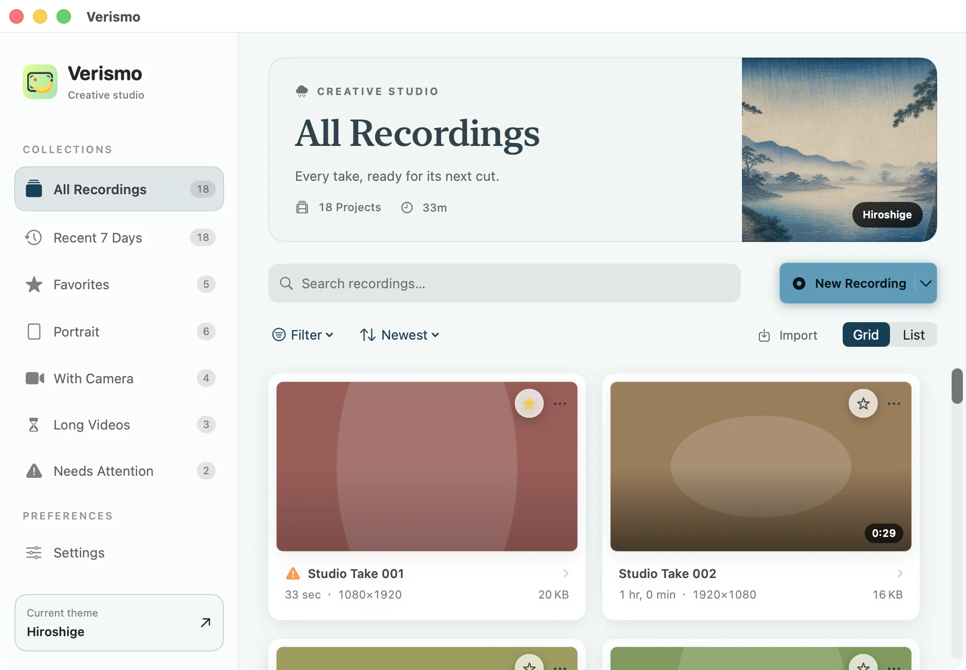 Verismo Library with collections, search, filters, and a grid of recordings.