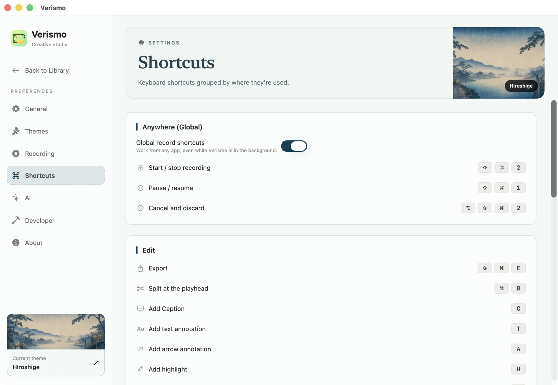 Verismo shortcut settings with grouped recording and editing commands.