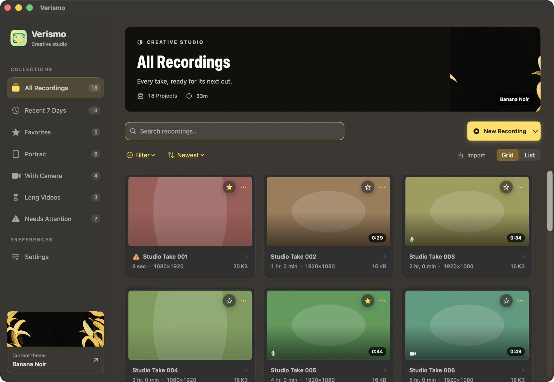 Banana Noir theme in the Verismo Library, English interface.