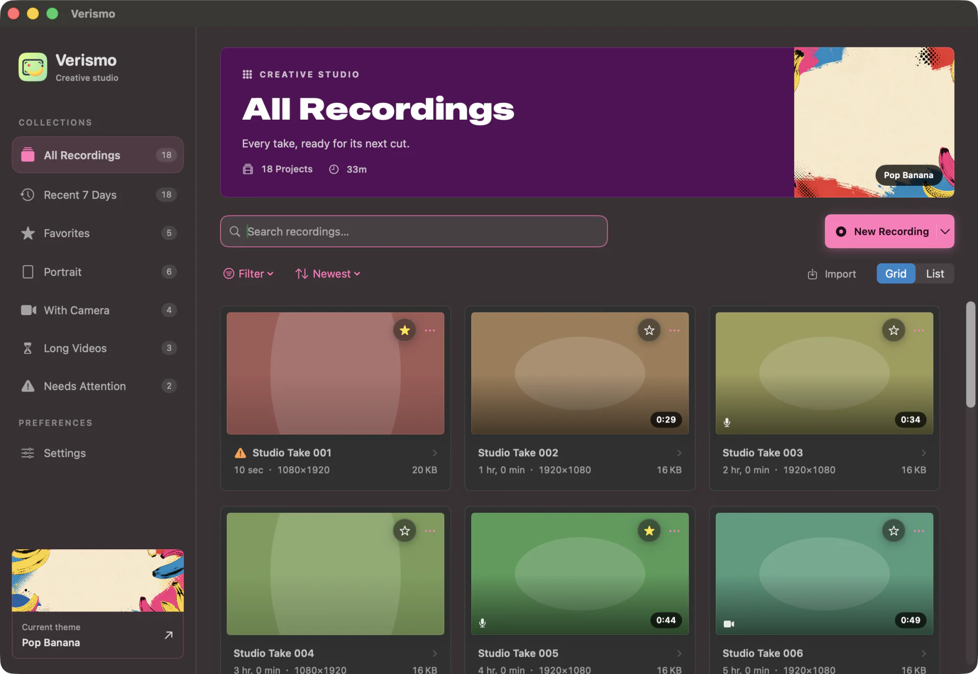 Pop Banana theme in the Verismo Library, English interface.