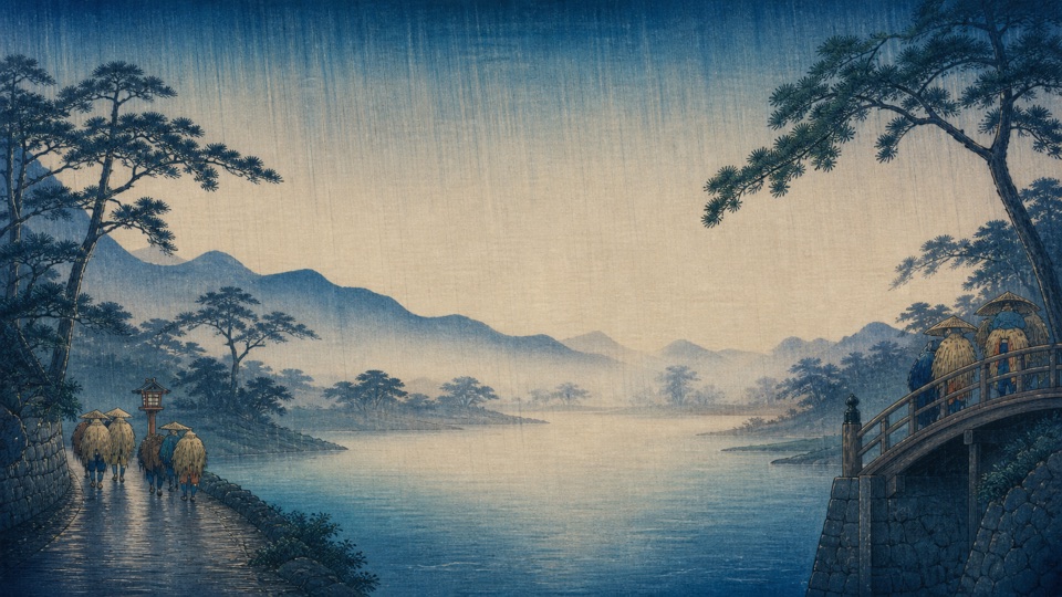 Hiroshige-inspired recording theme with rain-washed blue hills and an Edo bridge