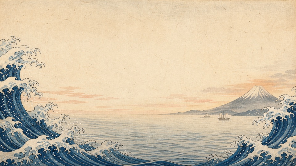 Hokusai-inspired recording theme with indigo sea, pale dawn, and distant Fuji