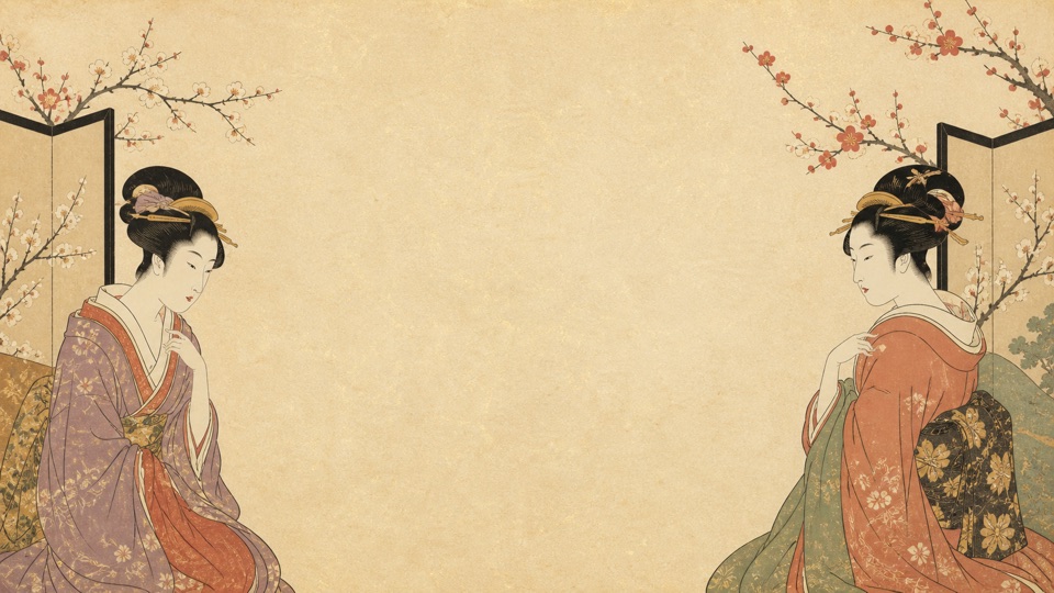 Utamaro-inspired recording theme with elegant figures and plum blossom