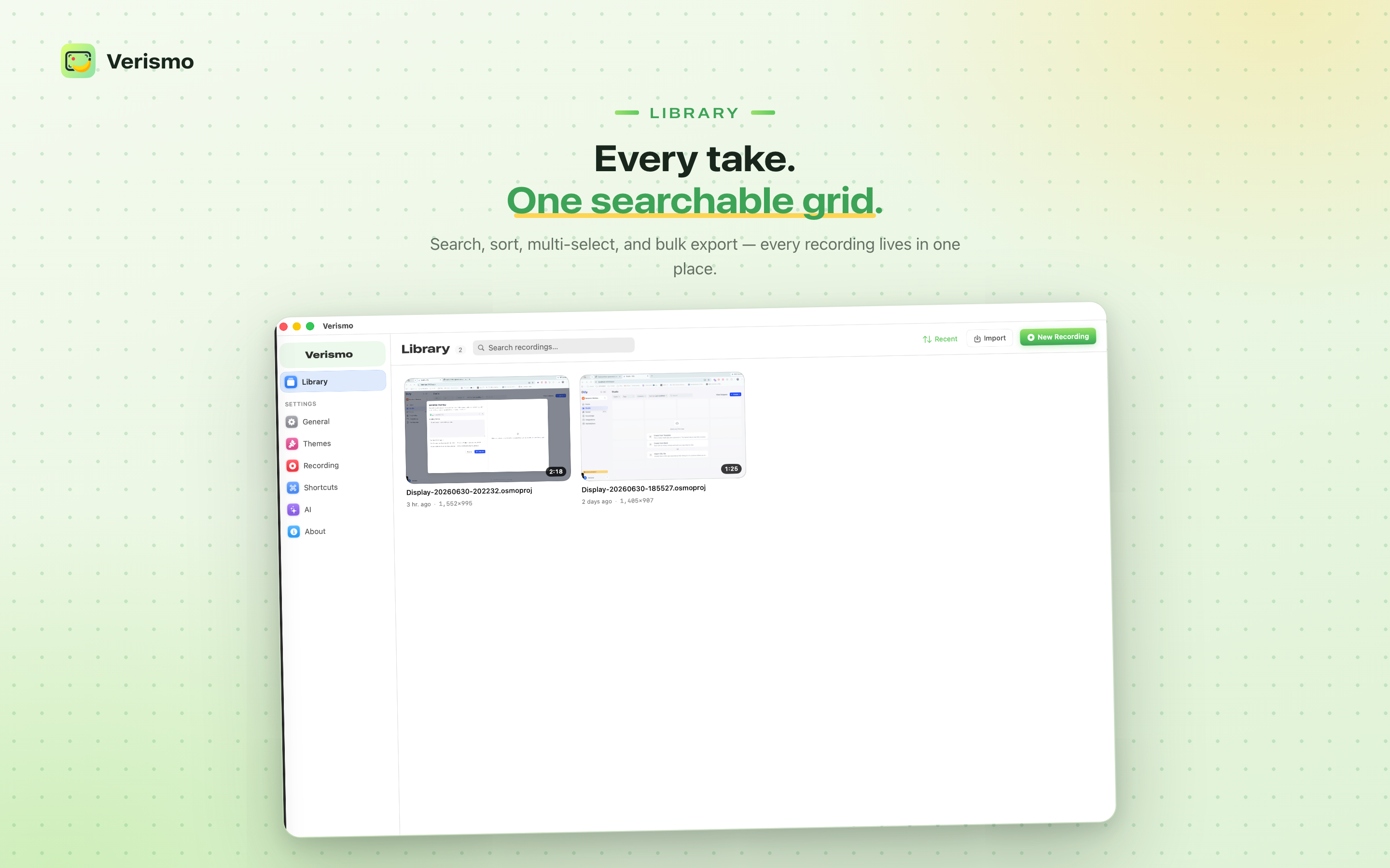 The Verismo Library: a searchable grid of recordings with duration badges, an Import button, and a green New Recording button. A sidebar lists General, Themes, Recording, Shortcuts, AI, and About settings.